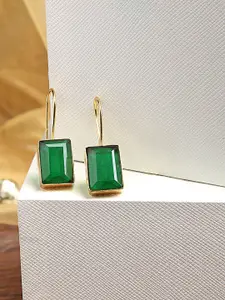 PANASH Gold-Plated Green Stone Studded Square Drop Earrings