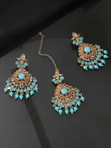 ANIKAS CREATION Gold-Plated &Turquoise Kundan Beaded Maang Tika & Earring Set