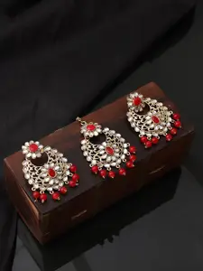 ANIKAS CREATION Gold-Plated & Red Kundan Studded Maang Tika & Earring Set