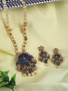 ANIKAS CREATION Blue & Gold-Toned & Plated Stone-Studded Meenakari Necklace Set