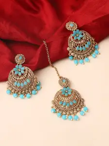 ANIKAS CREATION Gold-Plated Blue Stone Studded & Beaded Maang Tika & Earring Set