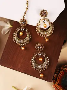 ANIKAS CREATION Gold-Plated LCT & White Kundan Stone & Beaded Maang Tika & Earring Set