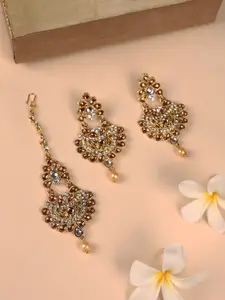 ANIKAS CREATION Gold-Plated LCT & White Kundan Stone & Beaded Maang Tika & Earring Set