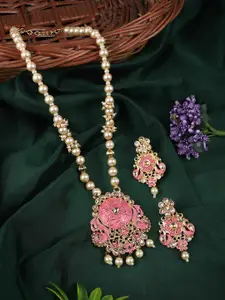 ANIKAS CREATION Pink & Gold-Toned Meenakari Long Crystal Necklace & Earrings