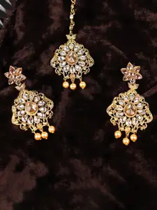 ANIKAS CREATION Gold-Plated LCT & White Kundan Studded & Beaded Maang Tika & Earring Set