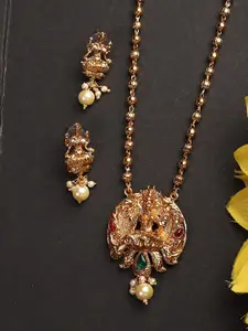ANIKAS CREATION Multicolor Goddess Laxmi Motif Long Crystal Temple Necklace & Earring