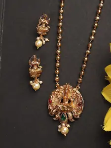 ANIKAS CREATION Multicolor Goddess Laxmi Motif Long Crystal Temple Necklace & Earring