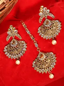 ANIKAS CREATION Gold-Toned LCT & Kundan Stone Studded & Beaded Maang Tika & Earrings Set