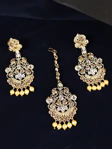 ANIKAS CREATION Gold-Plated LCT & White Kundan Stone Studded Maang Tika & Earring Set