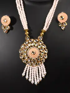 ANIKAS CREATION Peach-Coloured & Gold-Toned Meenakari Long Crystal Necklace & Earring