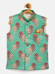 JBN Creation Boys Green & Maroon Printed Slim Fit Woven Nehru Jacket
