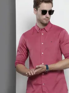 Tommy Hilfiger Men Pink Self-Designed Button Down Collar Pure Cotton Casual Shirt