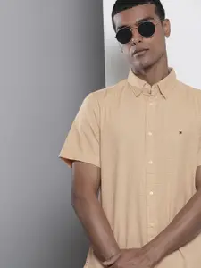 Tommy Hilfiger Men Beige Self-Design Slim Fit Pure Cotton Casual Shirt
