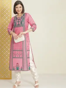 House of Pataudi Women Pink & Teal Ethnic Motifs Printed Kurta
