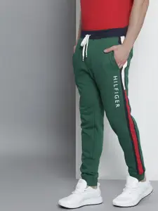 Tommy Hilfiger Men Emerald Green Brand Logo Printed Regular Joggers With Side Stripes