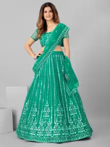 SHOPGARB Sea Green & Silver Semi-Stitched Lehenga & Unstitched Blouse With Dupatta
