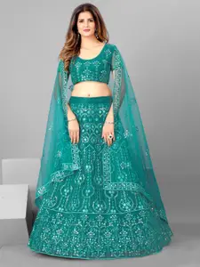 SHOPGARB Women Teal Embroidered Semi-Stitched Lehenga & Blouse with Dupatta