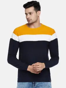 People Men Mustard & Navy Blue Colourblocked Pullover