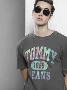 Tommy Hilfiger Men Grey Brand Logo Printed Pure Cotton T-shirt