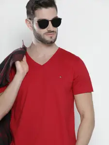 Tommy Hilfiger Men Red Solid  V-Neck Pure Cotton T-shirt