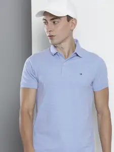 Tommy Hilfiger Men Blue Self Designed Polo Collar Slim Fit T-shirt