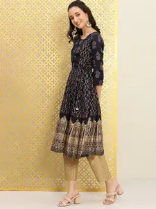 Ode by House of Pataudi Women Navy Blue & Gold-Toned Printed Jashn A-Line Kurta