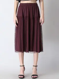 FabAlley Women Maroon Self Design Flared Midi Skirt