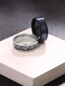 Yellow Chimes Men Set of 2 Black & Silver-Toned Dragon Celtic Inlay Polish Titanium Steel Finger Rings