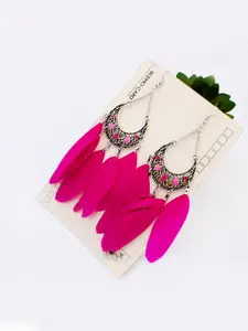 Yellow Chimes Pink Feather Shaped Drop Earrings