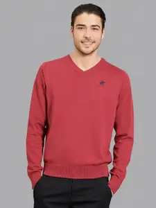 Beverly Hills Polo Club Men Maroon Cotton V-Neck Pullover Sweater