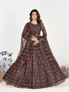 SHOPGARB Brown & Silver Mirror Work Semi-Stitched Lehenga & Unstitched Blouse With Dupatta
