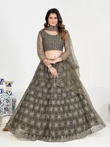 SHOPGARB Women Olive Embroidered Semi-Stitched Lehenga & Unstitched Blouse With Dupatta