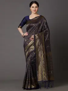 Mitera Navy Blue & Gold-Toned Ethnic Motifs Zari Silk Blend Banarasi Saree