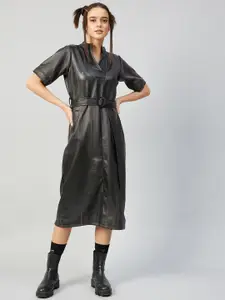 Athena Charocal Black Leather A-Line Midi Dress