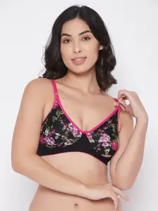 Clovia Clovia Black & Pink Non-Padded Non-Wired Full Cup Floral Printed T-shirt Bra