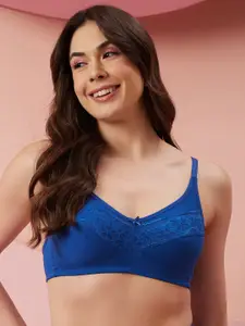 Clovia Navy Blue Cotton & Lace Non-Padded Non-Wired Full Cup Bra