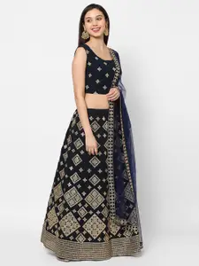 RedRound Navy Blue & Gold-Toned Embroidered Mirror Work Semi-Stitched Lehenga & Unstitched Blouse With