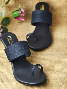 Anouk Black Textured Ethnic Wedge Sandals