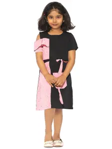 Stylo Bug Pink & Black Floral Colourblocked A-Line Dress