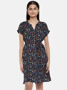 Honey by Pantaloons Navy Blue Floral Belted A-Line Dress