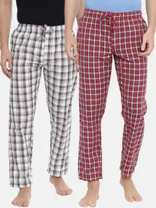 Joven Men Pack Of 2 Maroon & White Checked Cotton Lounge Pants