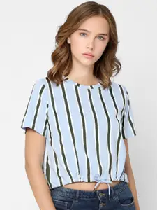 ONLY Women Blue Striped Cotton T-shirt