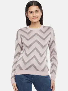 People Women Grey & Pink Woolen Pullover