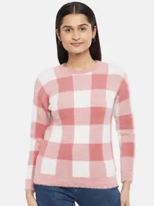 People Women Peach-Coloured & White Checked Pullover