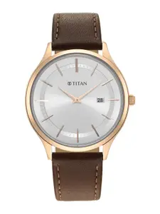 Titan Men Silver-Toned Dial & Brown Leather Straps Analogue Watch 90142WL01