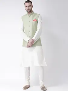 KISAH Men White & Lime Green Layered Kurta with Churidar & Jacket