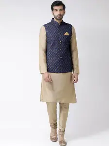 KISAH Men Golden & Navy Blue Layered Kurta with Churidar & Jacket