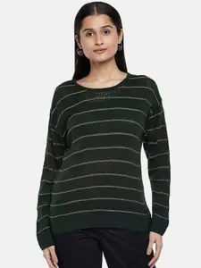 Honey by Pantaloons Women Olive Green & Silver-Toned Open knit Acrylic Pullover