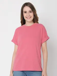 Vero Moda Women Pink Striped Drop-Shoulder Sleeves Cotton T-shirt