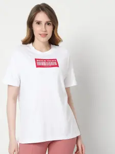Vero Moda Women White Typography Drop-Shoulder Sleeves T-shirt